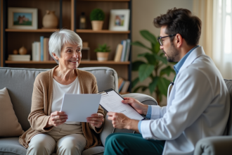 Femme âgée recevant de l'aide pour remplir des formulaires