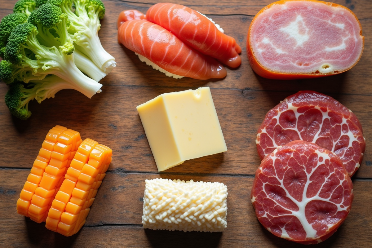 Vue du dessus d aliments à éviter pendant la grossesse avec étiquettes d avertissement