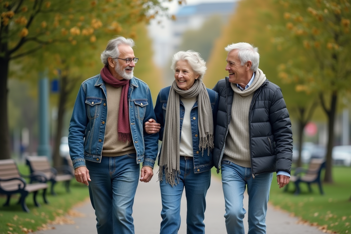 Trois amis de 70 ans marchant dans un parc urbain en discutant