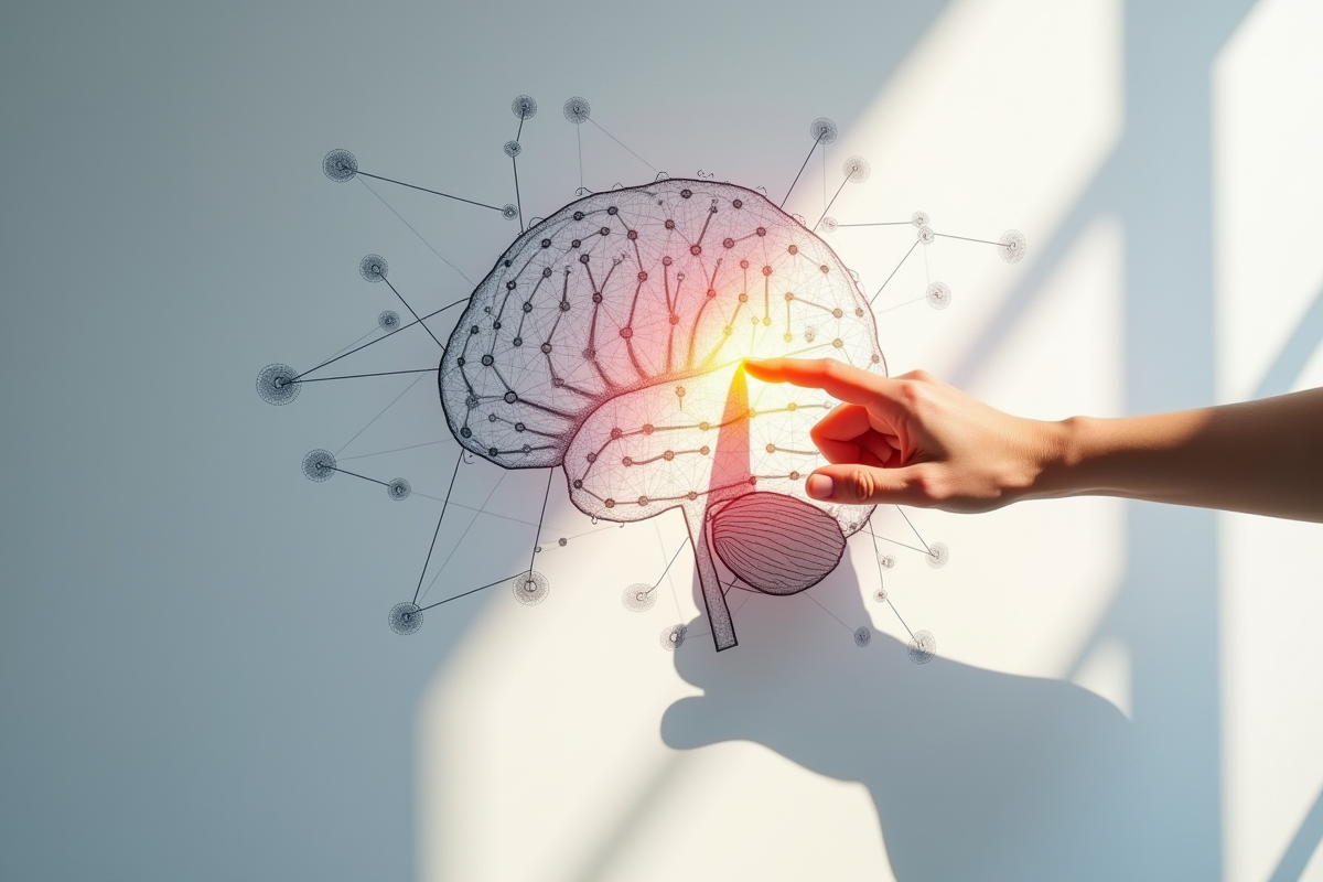 Art abstrait réseau neuronal avec main touchant un cerveau lumineux