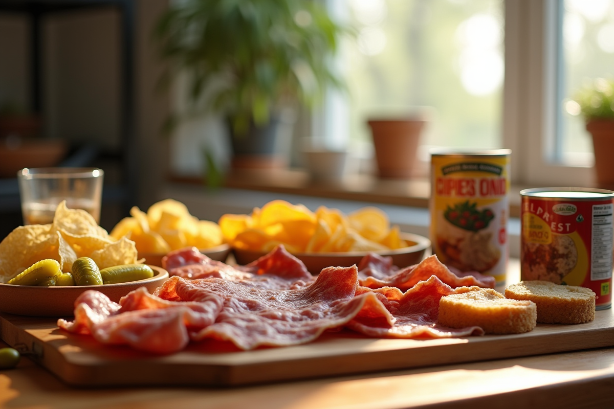 Sélection d'aliments salés comme chips et charcuterie sur une table