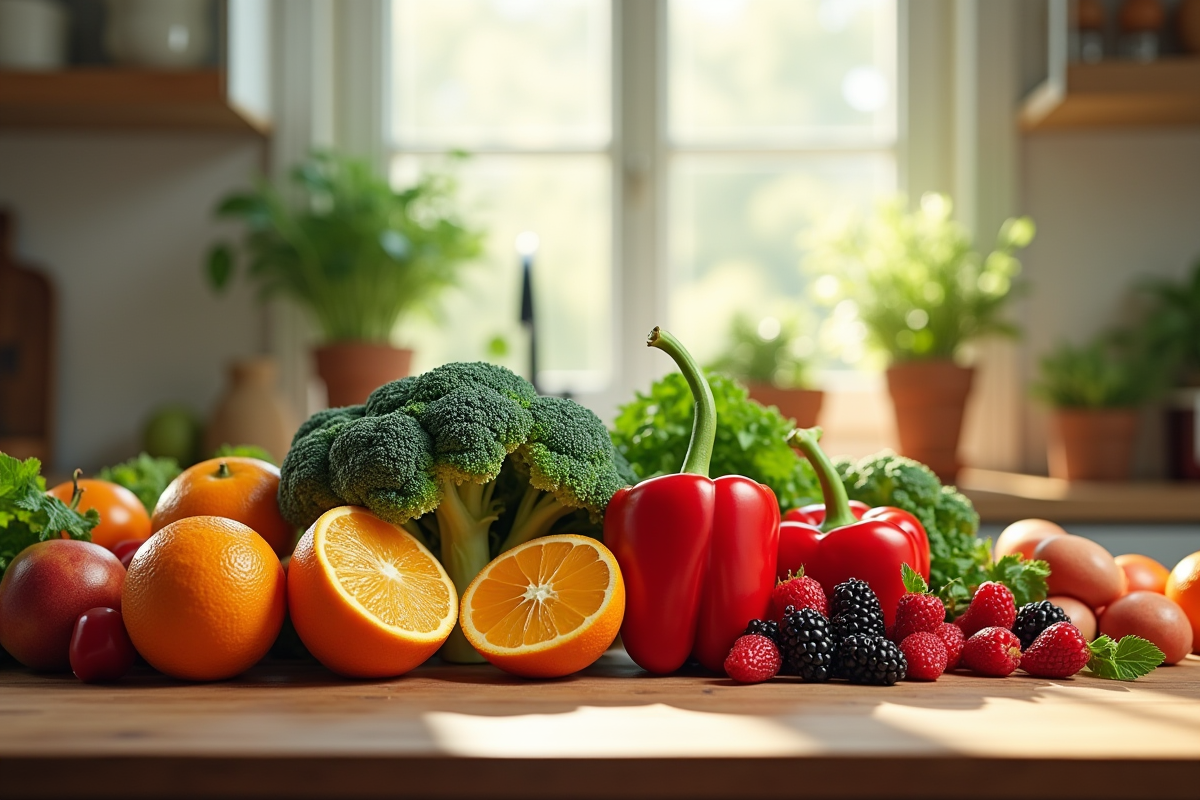 Assortiment de fruits et légumes riches en vitamines sur une table