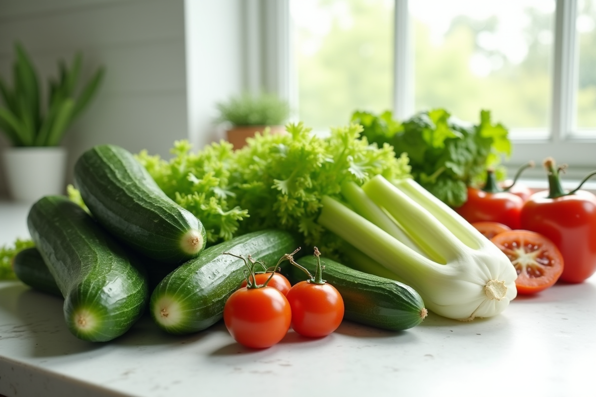 Assortiment de légumes zéro calorie frais sur un plan de travail moderne