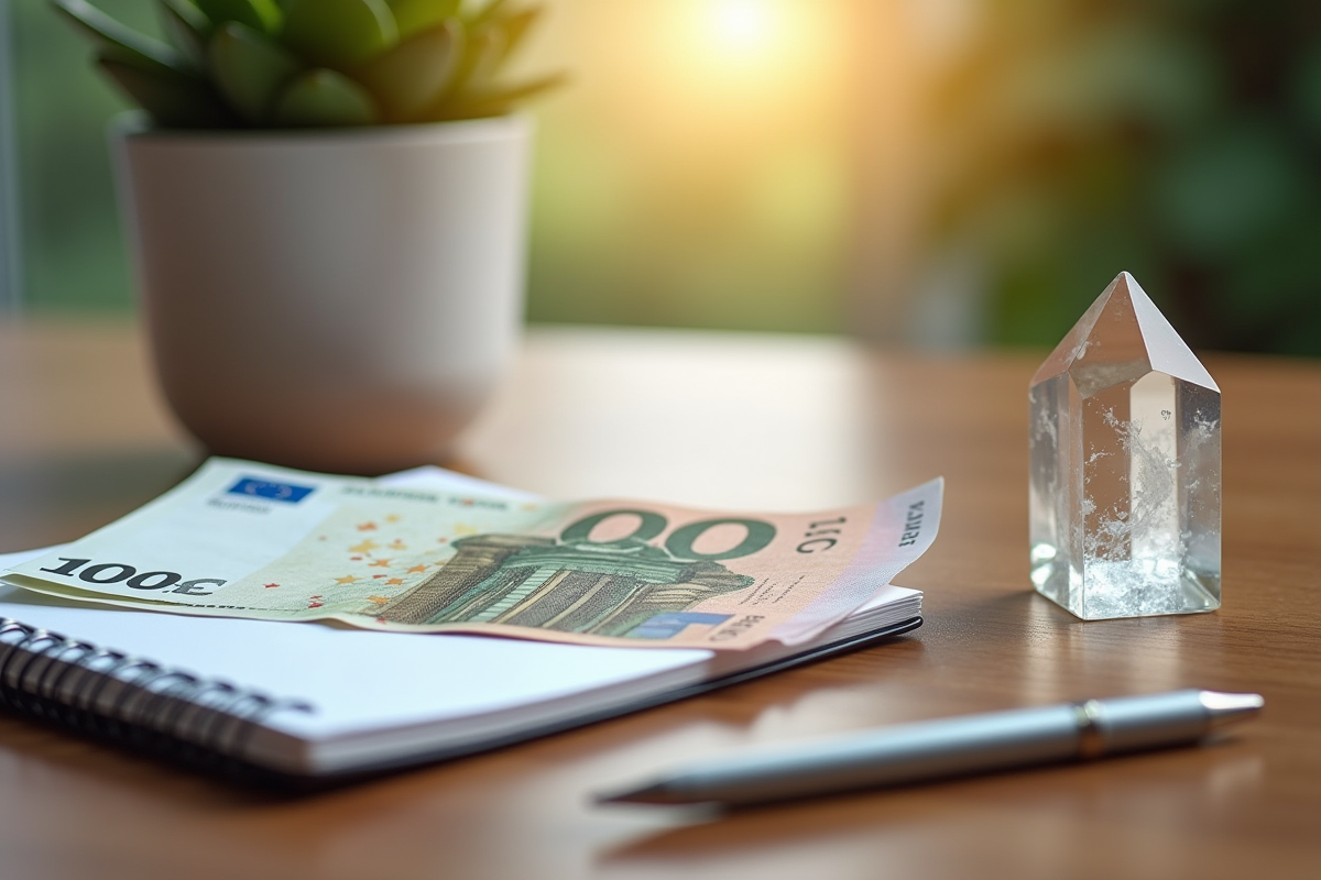 Billets euros un cristal et un carnet sur une table en bois
