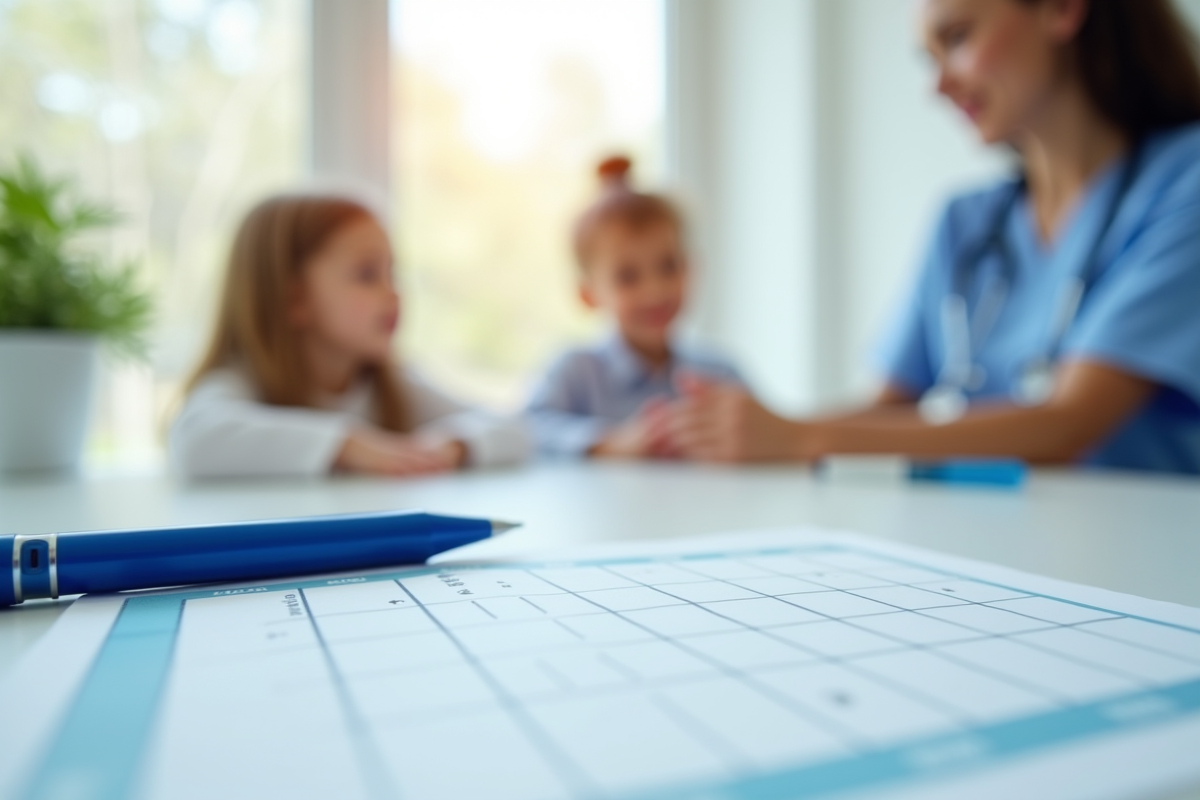 Calendrier vaccinal et famille discutant avec un professionnel de santé