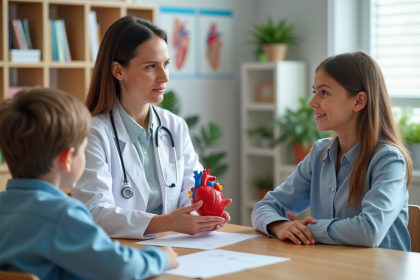 Pediatre femme expliquant un mod&egrave;le de c&oelig;ur &agrave; un jeune gar&ccedil;on