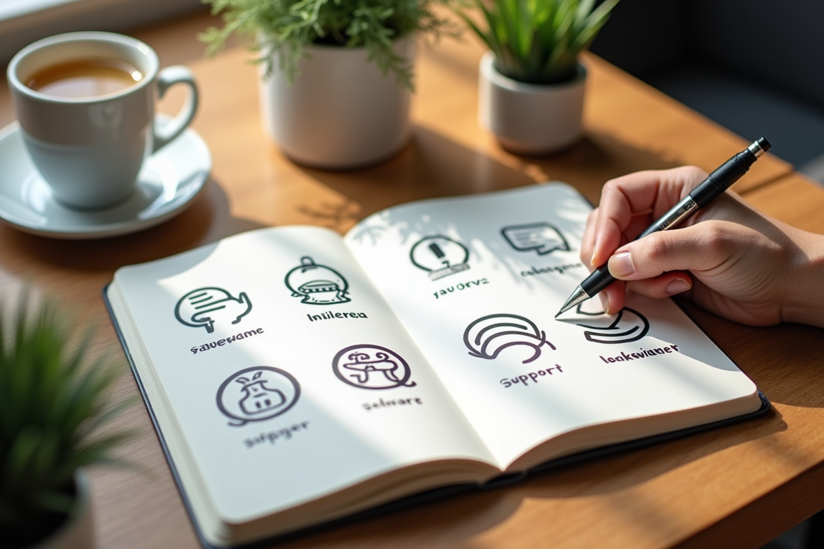 Carnet ouvert avec notes et icones sur le bienetre sur un bureau en bois