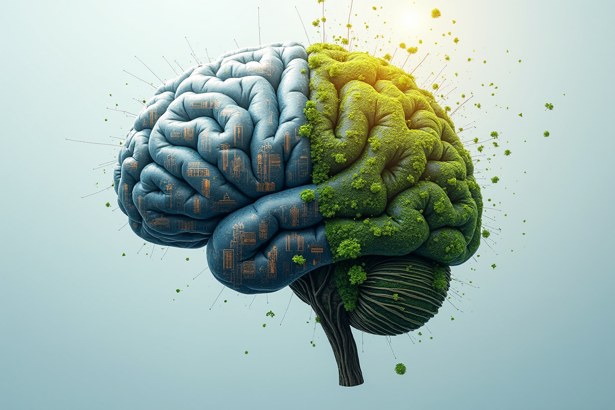 Cerveau divise entre ville chaotique et nature apaisante