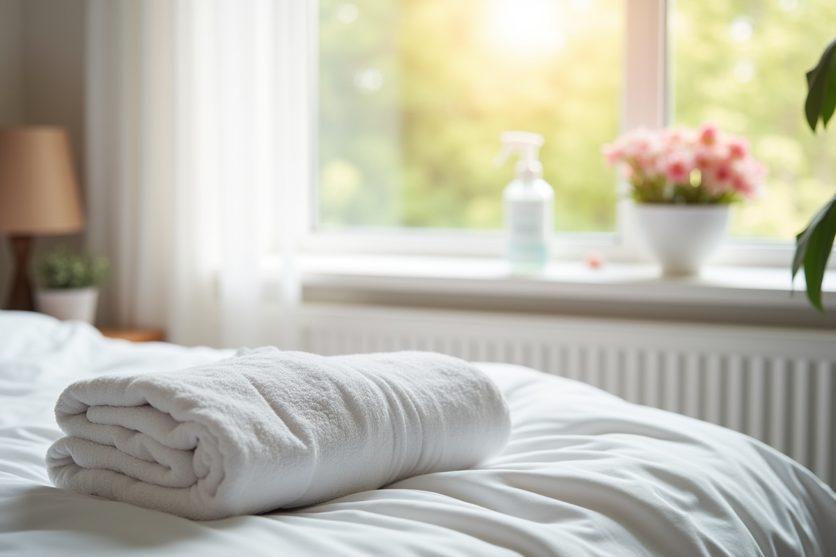 Chambre moderne avec linge blanc propre et atmosphère fraîche