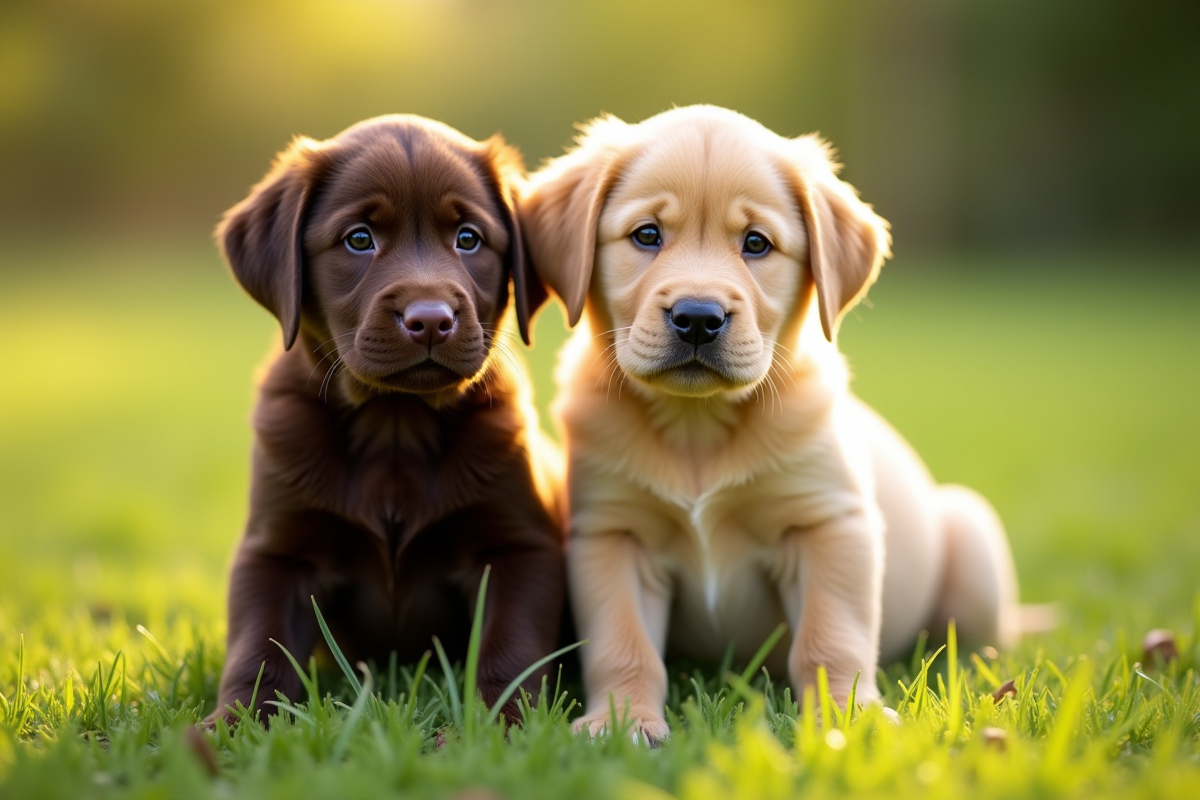 Deux chiots labrador chocolat et jaune côte à côte en plein jour