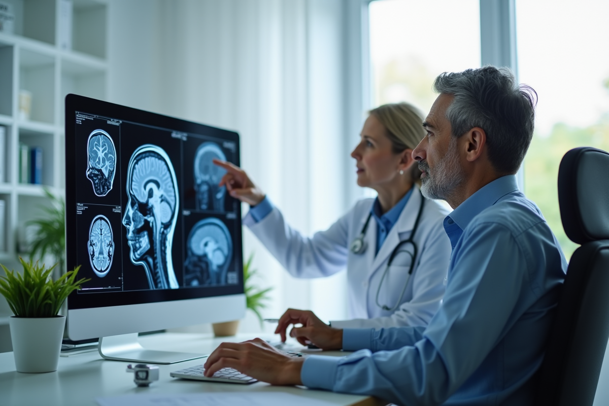 Homme d'âge moyen en consultation neurologique avec scan cérébral