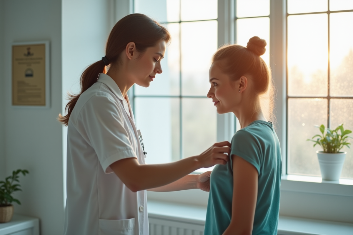 Jeune femme en consultation physiotherapie dans une clinique lumineuse