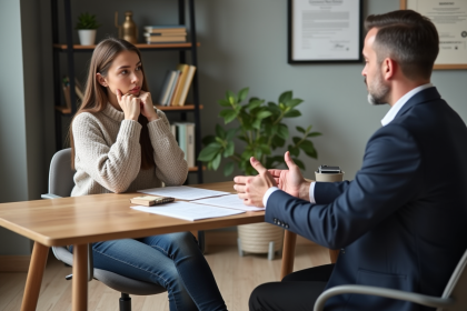 Jeune femme en consultation avec un thérapeute dans un bureau moderne