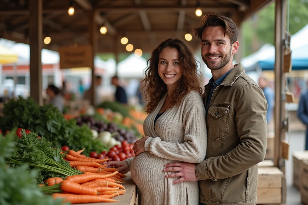 Couple enceinte choisissant des carottes au marché en plein air