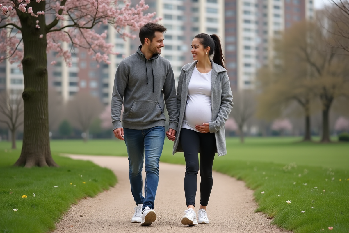 Couple enceinte marchant dans un parc au printemps