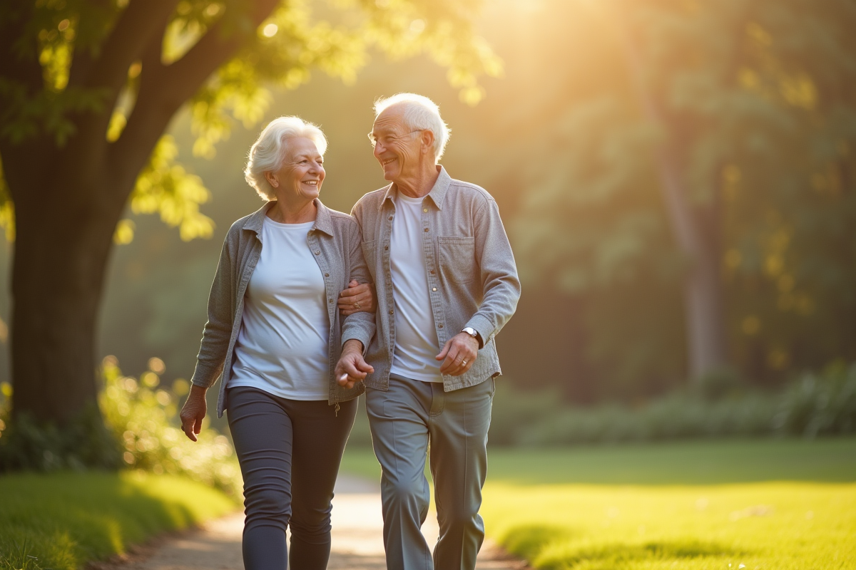 Couple senior actif marchant dans un parc ensoleille