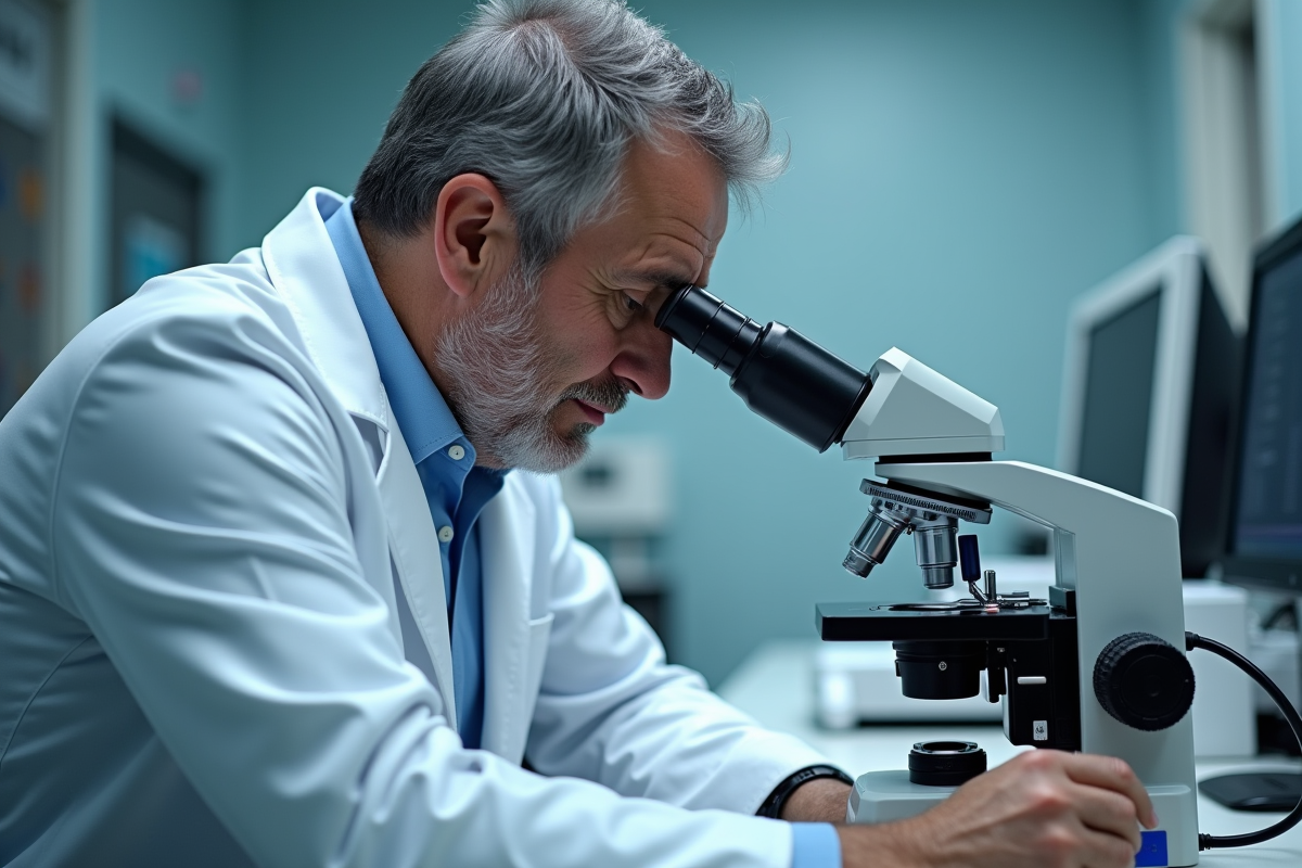 Homme dermatopathologue examinant une biopsie cutanée