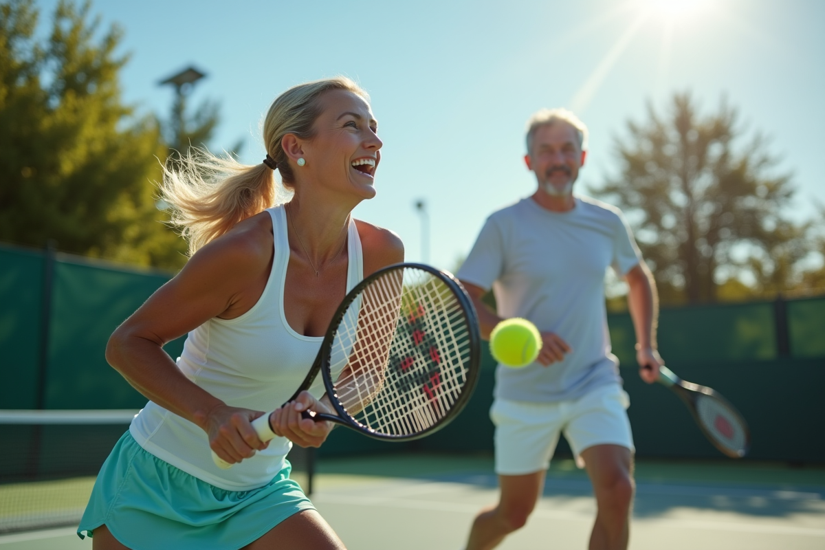 Homme et femme jouant au tennis en extérieur ensoleillé