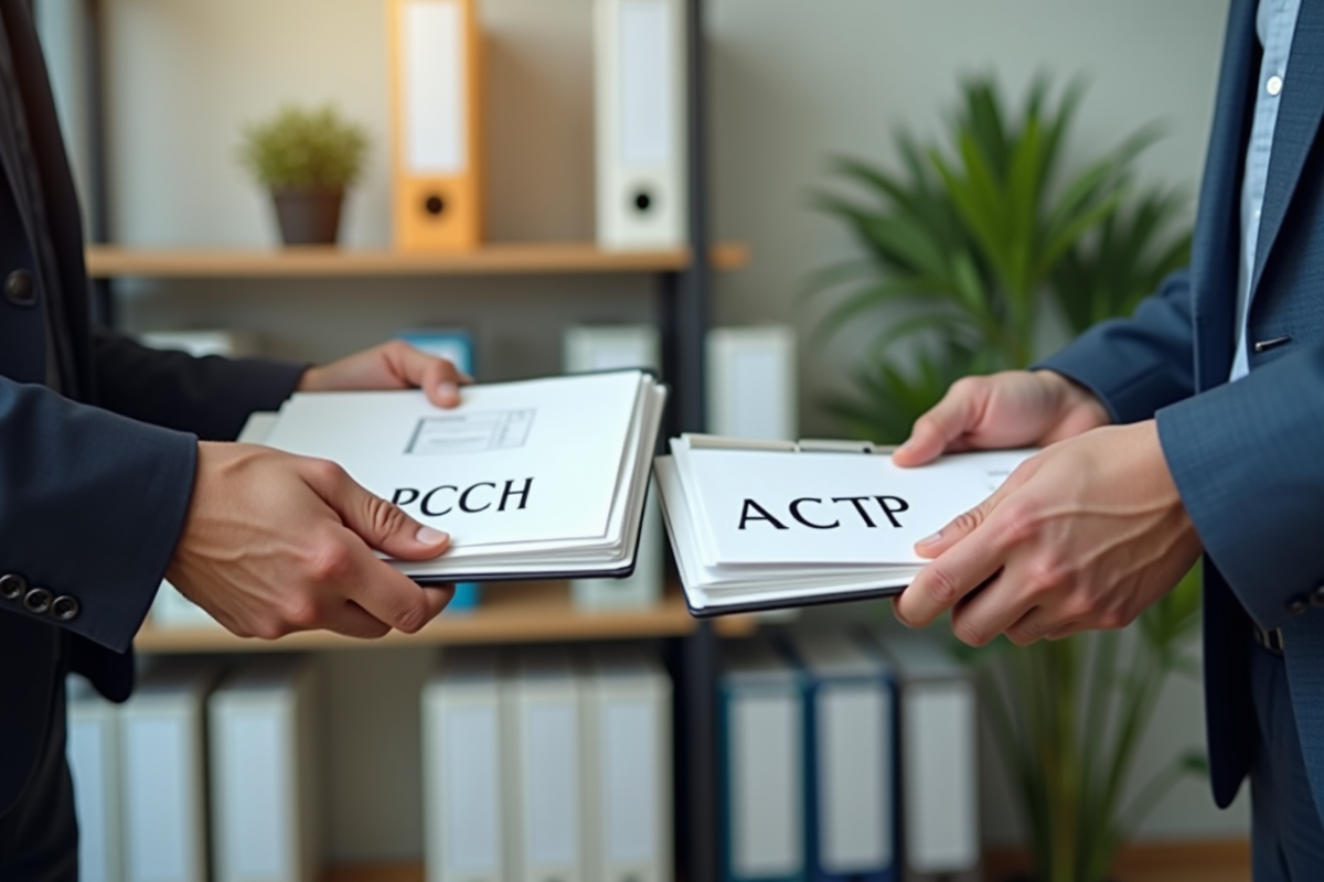 Main échangeant des dossiers PCH et ACTP dans un bureau lumineux