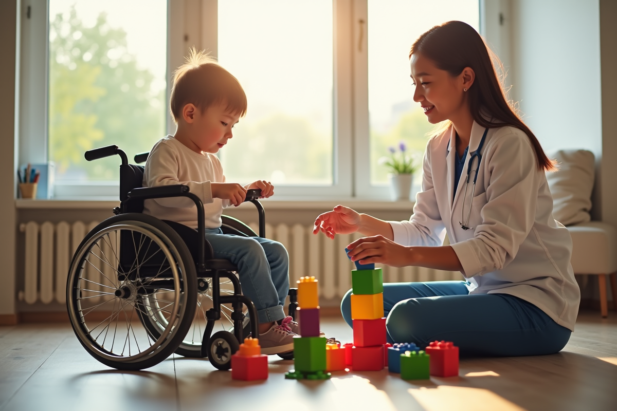 Enfant en fauteuil jouant avec des blocs sous supervision