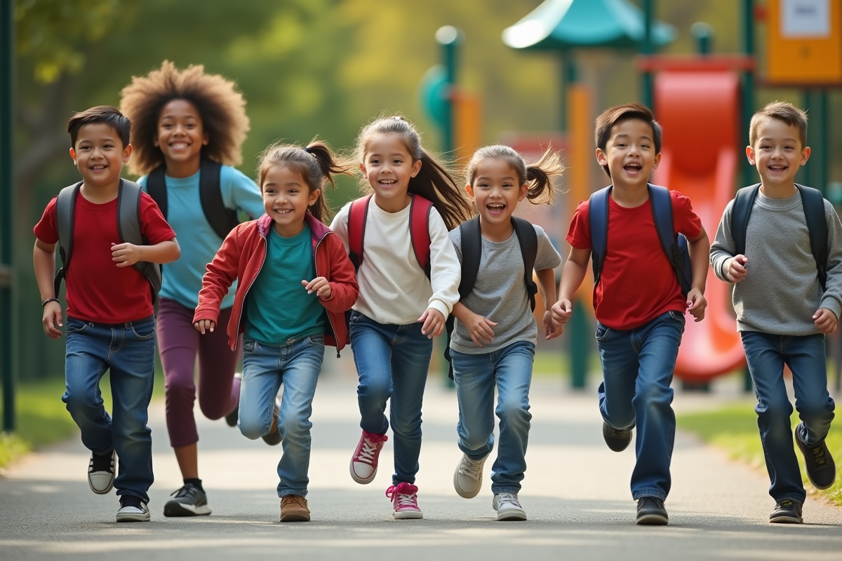 Enfants jouant dans un parc avec affiche sur la vaccination