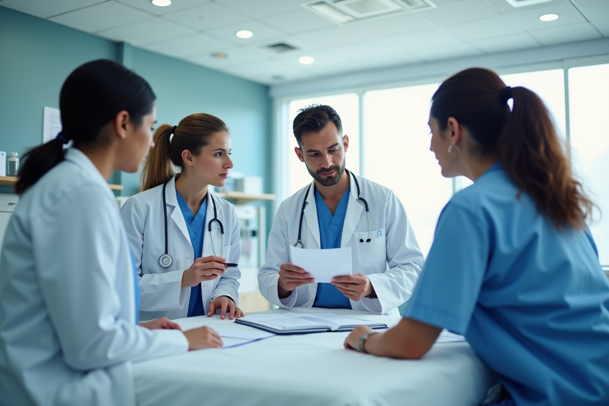 Groupe de médecins discutant autour d'un lit d'hôpital