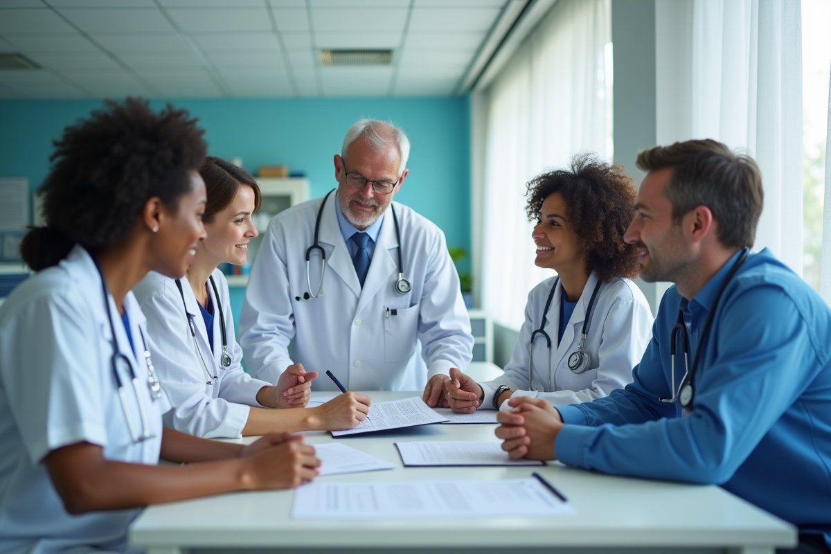 Équipe de soins avec patient discutant des droits en hôpital
