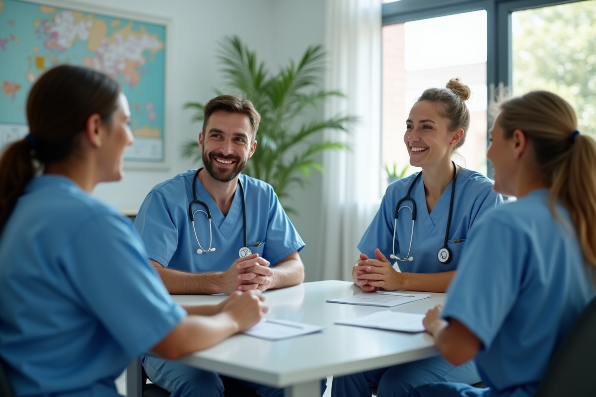 Professionnels de santé en réunion dans une unité de soins palliatifs moderne