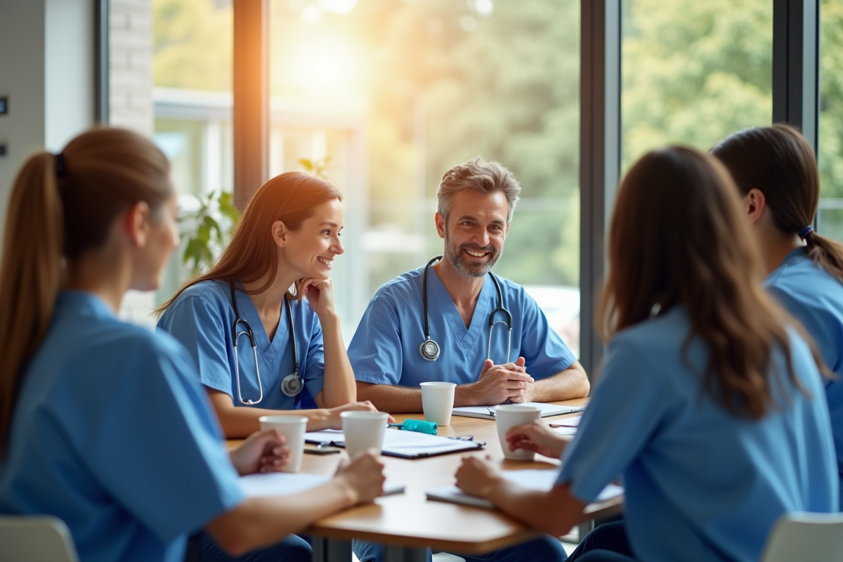 Equipe de professionnels de santé discutant dans une salle lumineuse
