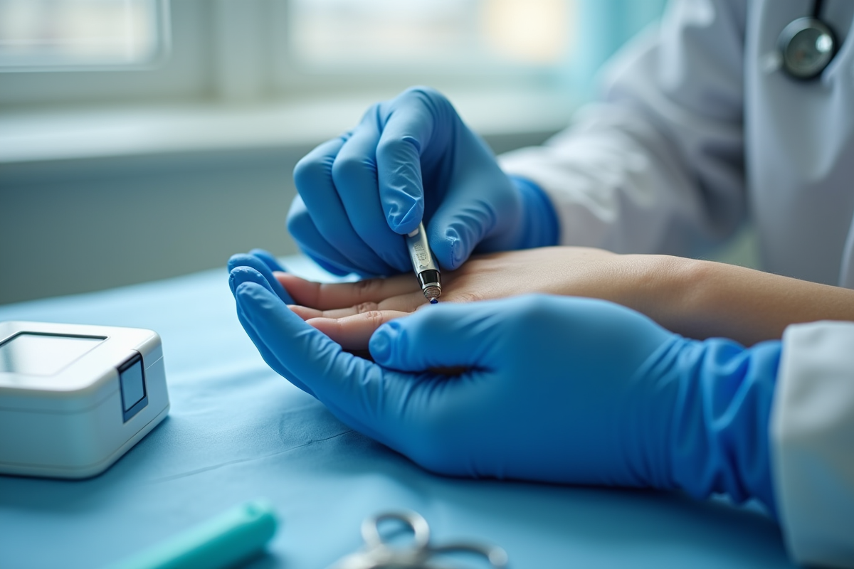Examen de la peau avec des mains gantées sous lumière naturelle