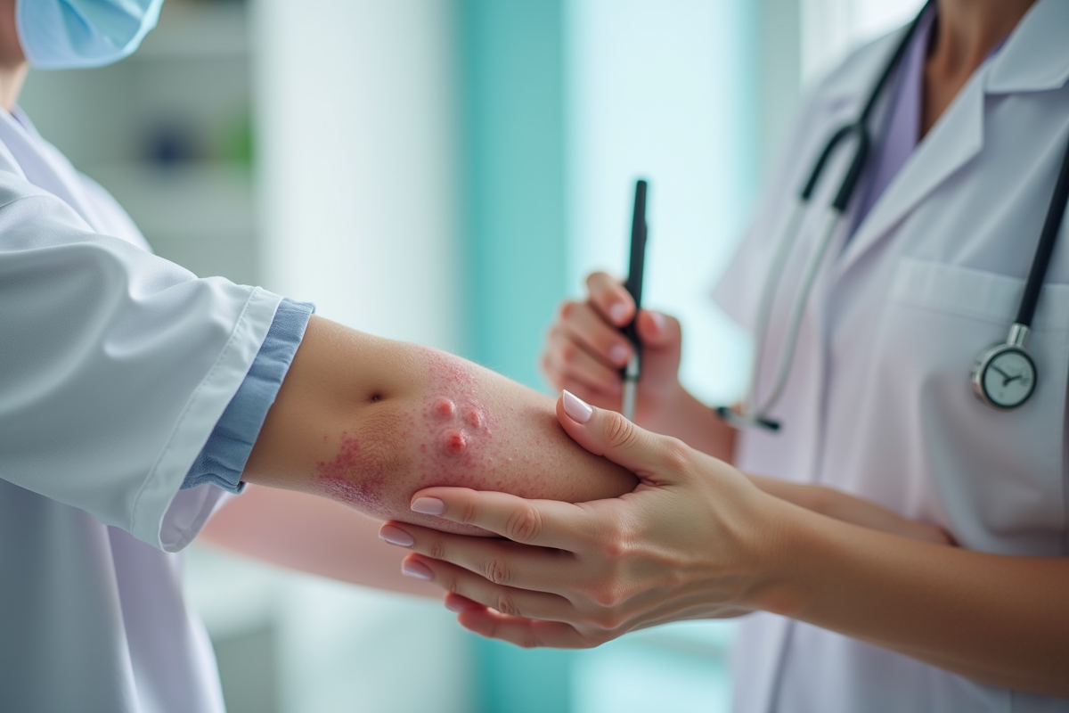 Dermatologue examinant un patient avec psoriasis sur le bras