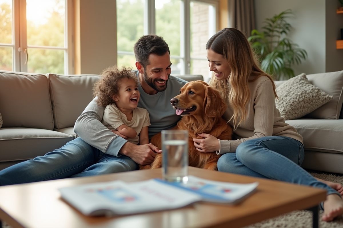Famille souriante avec leur chien dans le salon