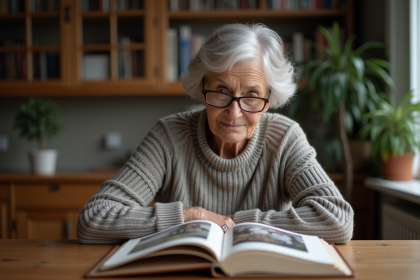 Femme de 70 ans lisant un album photo dans un int&eacute;rieur chaleureux