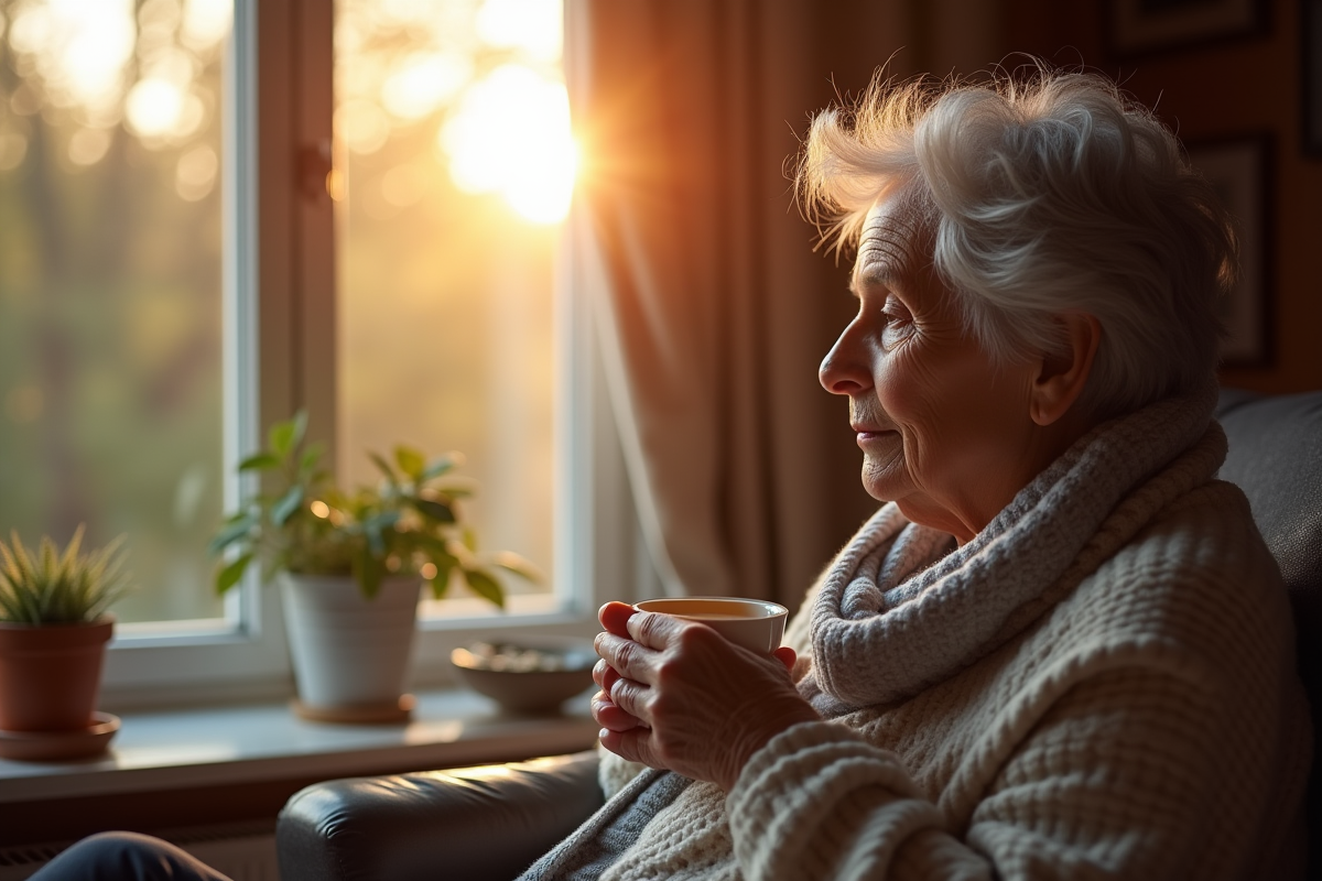 Femme agee sirotant du thé près d'une fenêtre ensoleillée