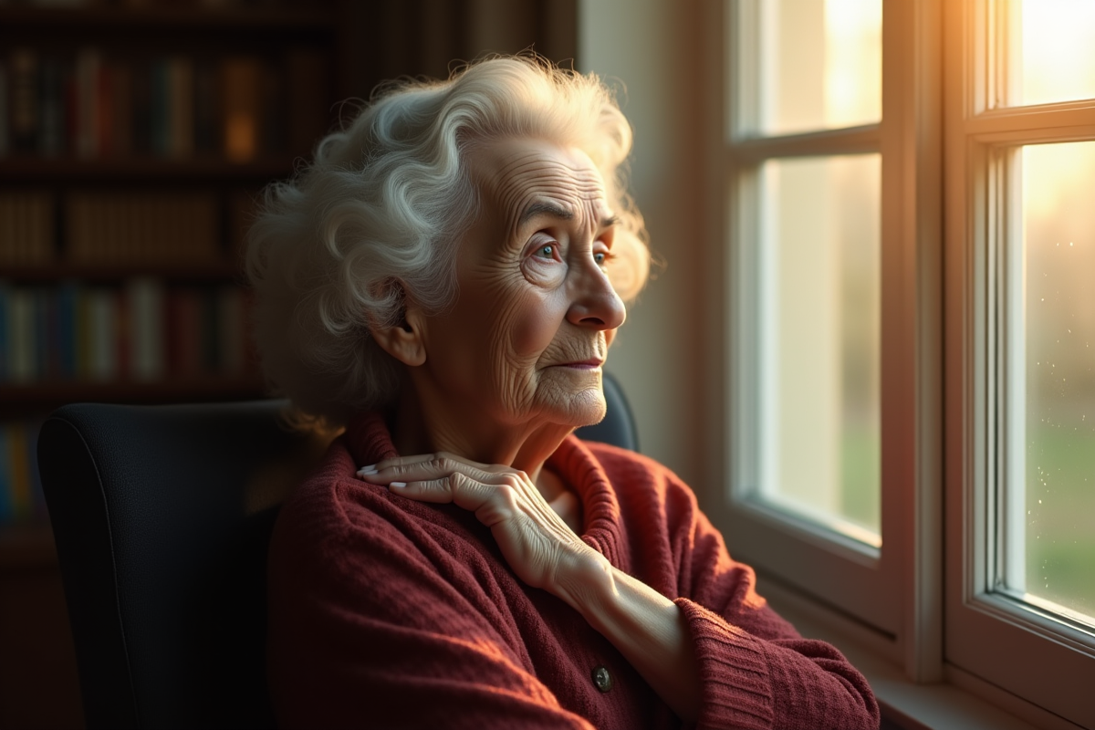 Femme agee assise près d'une fenetre lumineuse reflet de sagesse