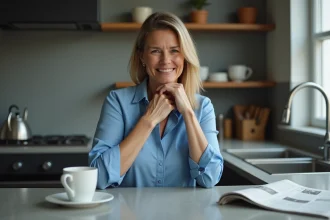 Femme en blouse bleue et jeans pense à son cou