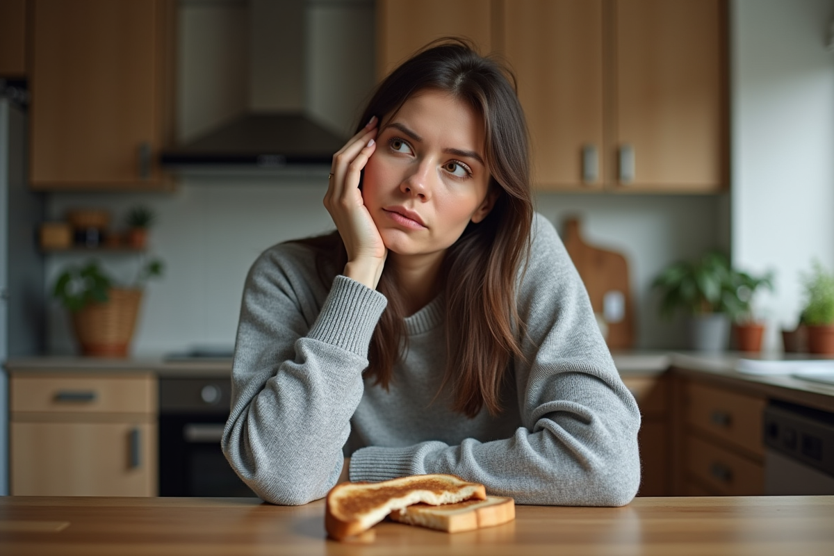 Femme assise à la cuisine fatiguée avec toast