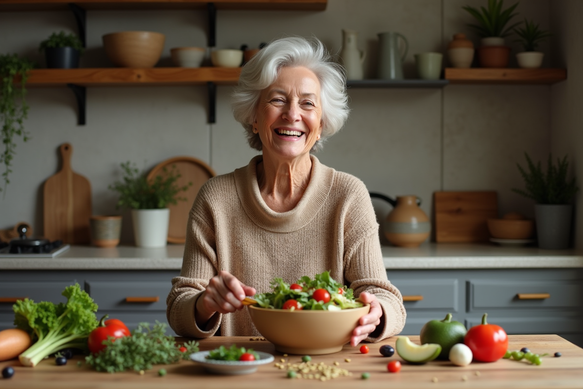 Femme souriante préparant une salade colorée dans la cuisine
