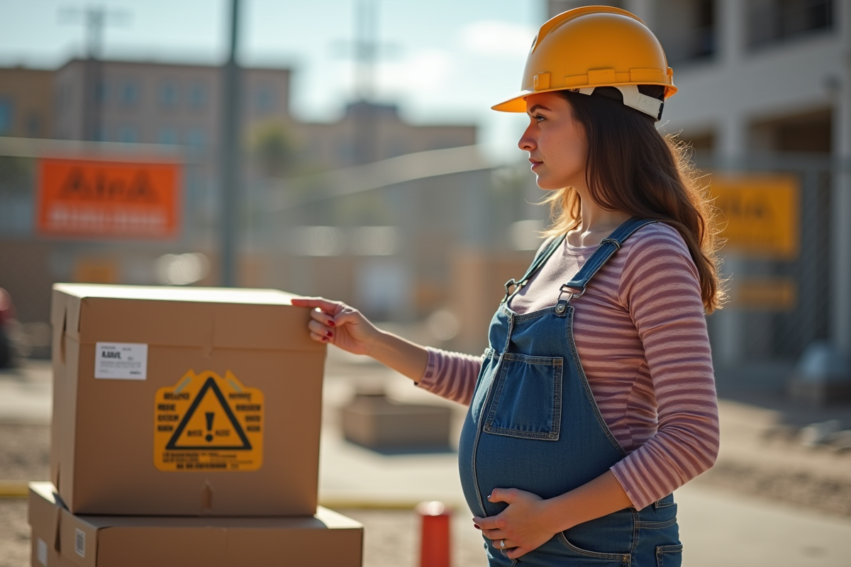 Femme enceinte sur un chantier en situation de prudence