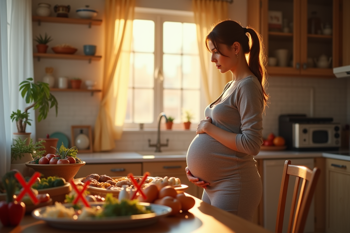 Femme enceinte dans une cuisine chaleureuse regardant une table avec aliments à éviter
