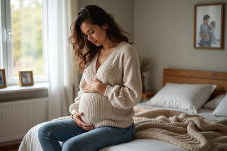 Femme enceinte assise sur le lit dans une chambre chaleureuse