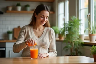 Femme enceinte souriante versant du jus de carotte dans un verre
