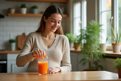Femme enceinte souriante versant du jus de carotte dans un verre