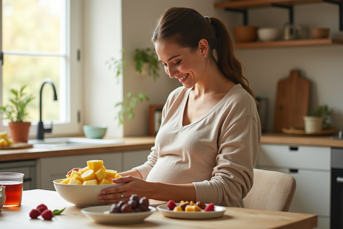 Femme enceinte souriante avec ananas et dattes dans la cuisine
