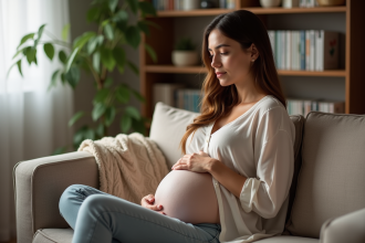Femme enceinte assise sur un canapé dans un salon chaleureux
