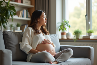Femme enceinte assise sur un canapé lumineux dans un salon calme
