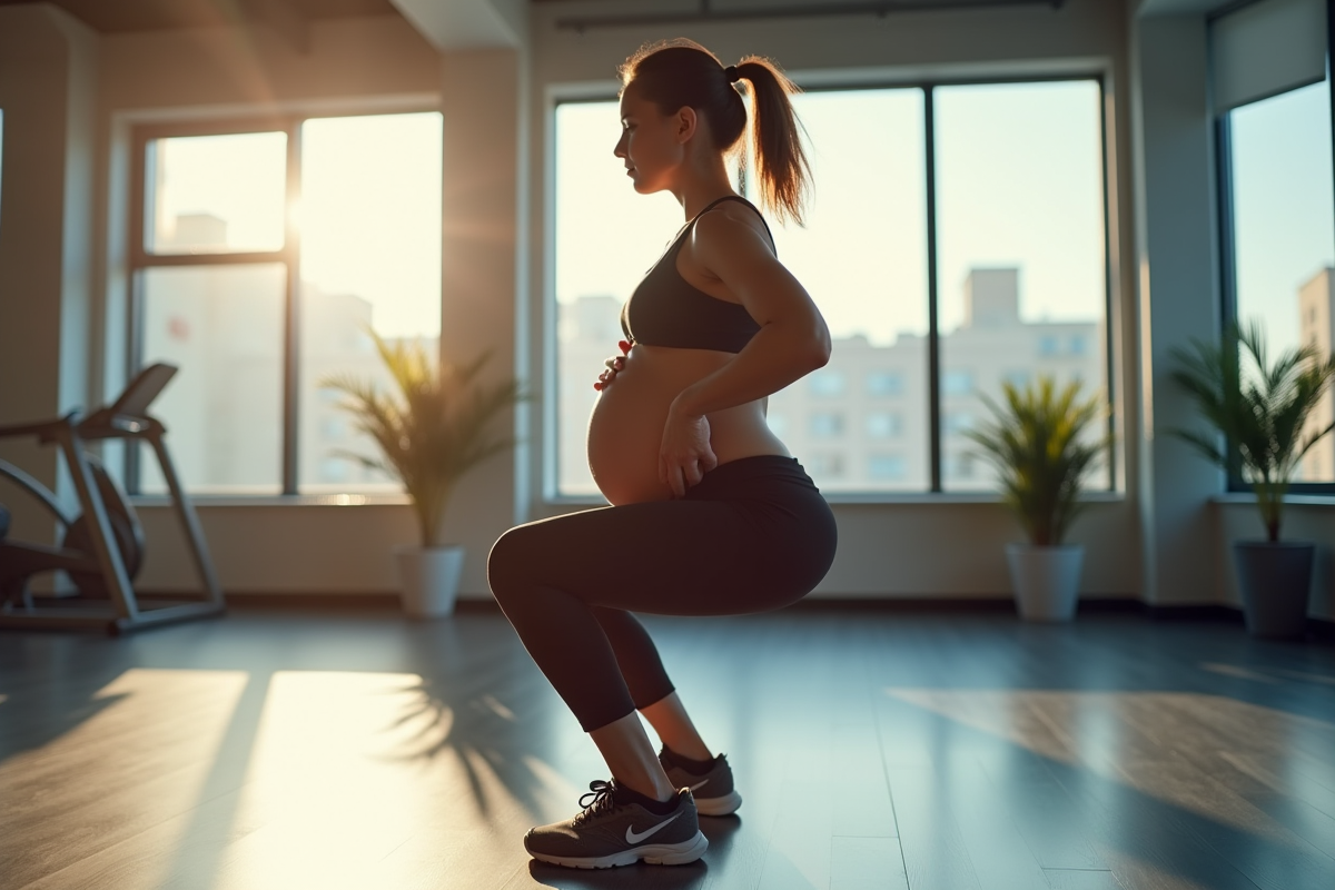 Femme enceinte faisant des squats dans une salle lumineuse