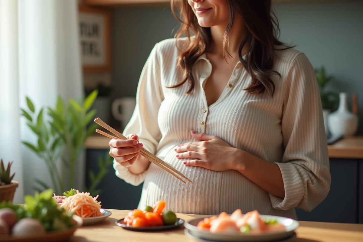 Femme enceinte dans la cuisine avec sushi et wasabi