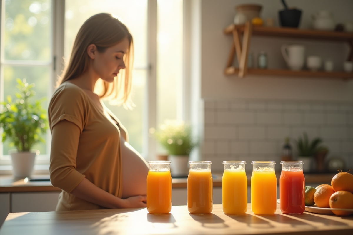 Femme enceinte regardant des jus de fruits au naturel