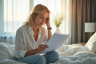 Femme inquiète en train de lire un document médical